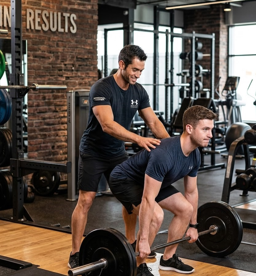 Osobní trénink na posilovacích strojích s trenérem ve fitness centru v Liberci