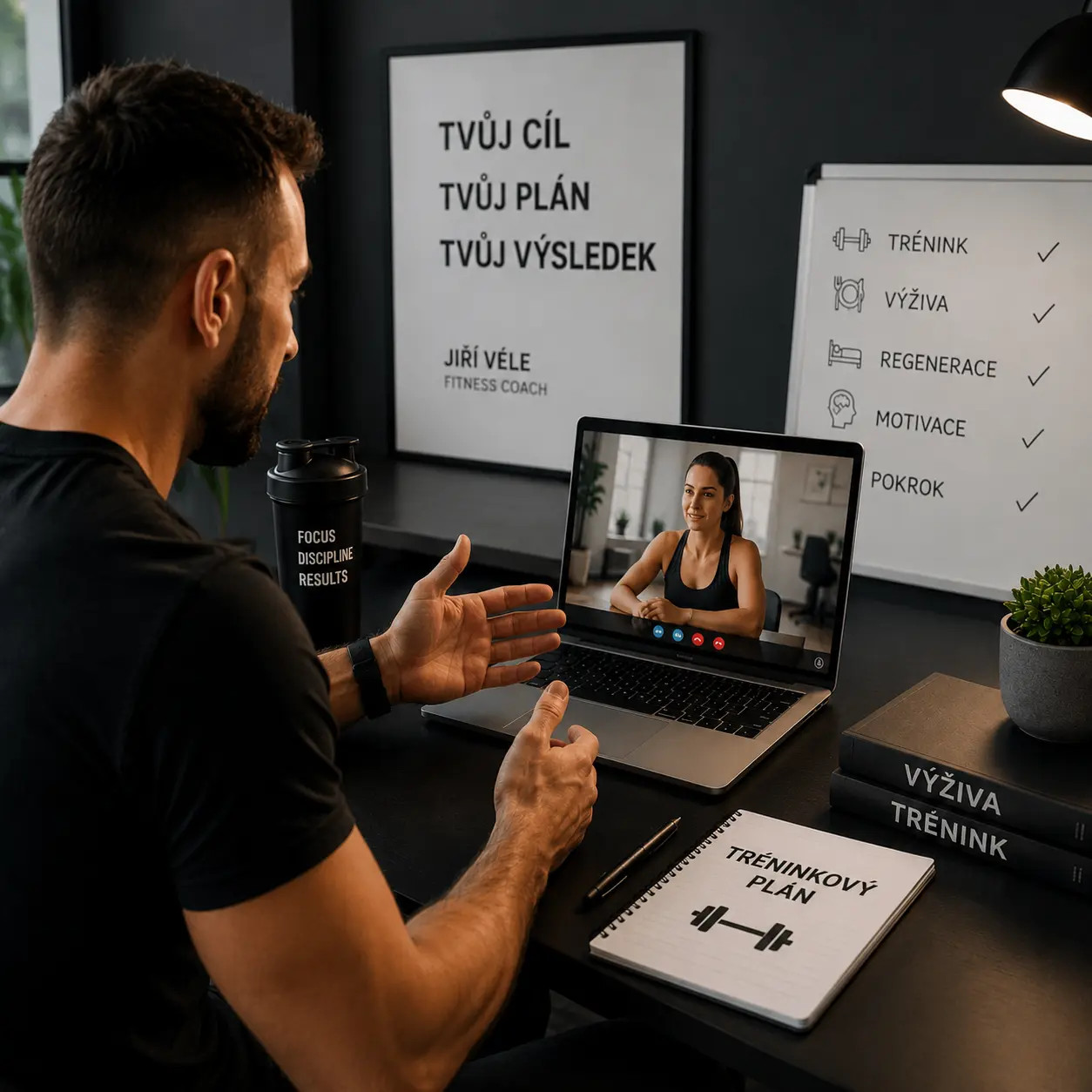 Online coaching s osobním fitness trenérem prostřednictvím videohovoru.