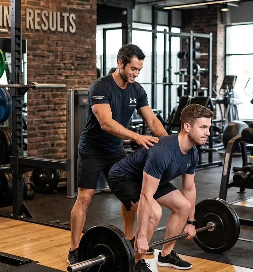 Osobní trenér Jiří Véle dohlíží na správnou techniku klienta při cvičení ve fitness v Liberci.