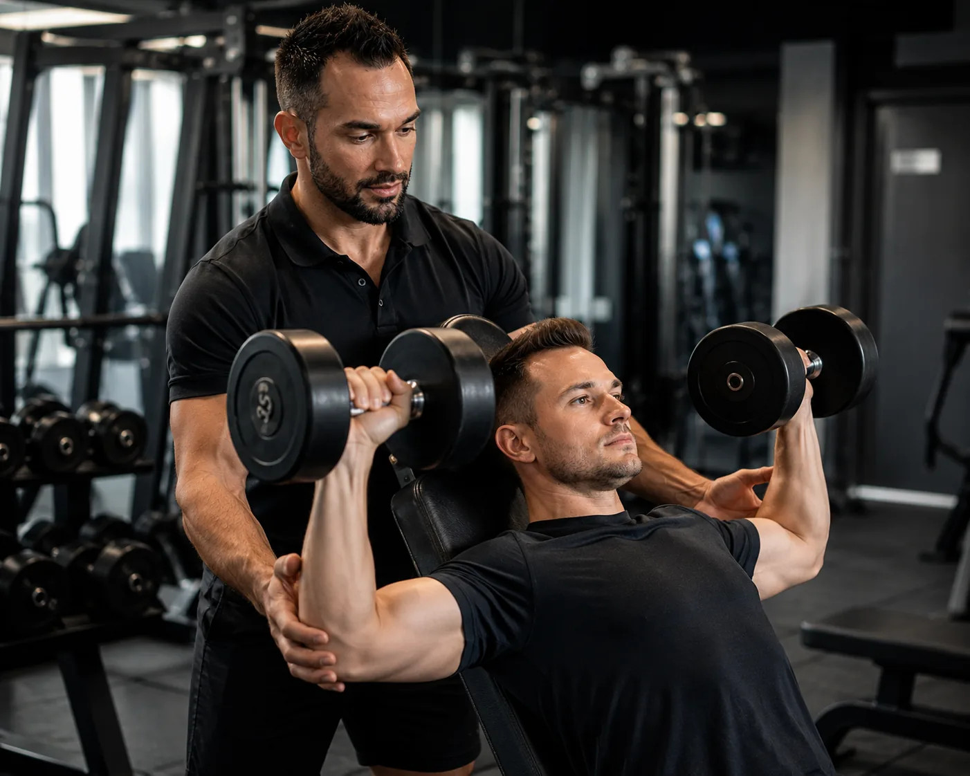 Osobní trénink ve fitness centru s fitness trenérem.